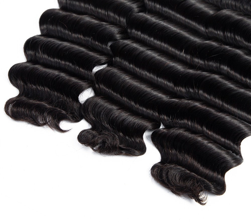 Brazilian 3/4 Fancy Deep Wavy Fumi Human Hair bundles with 4x4 Closure