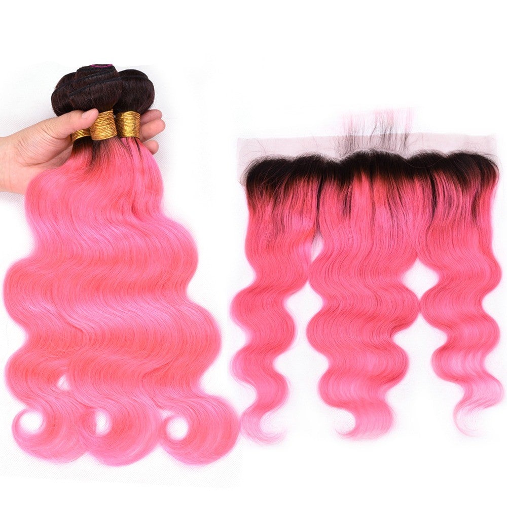 #Pink 10A Grade #1B/Pink Brazilian Body Wave 3/4 BUNDLES with CLOSURES