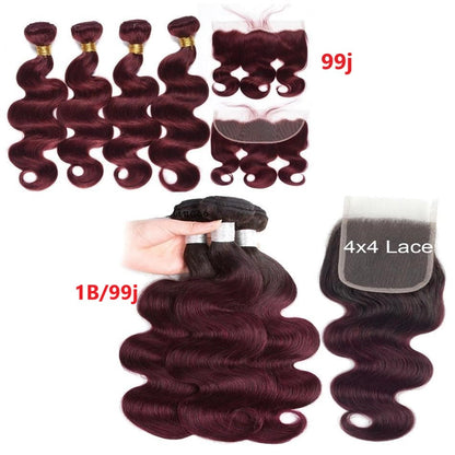 10A Grade #99J  Body Wave #1B/99j BUNDLES with 4x4 CLOSURES & 13x4 FRO