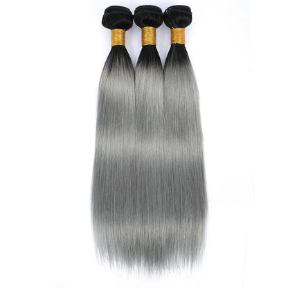 Gray 10A Grade Silver #1B/ Silver Straight 3/4 BUNDLES with CLOSURES &