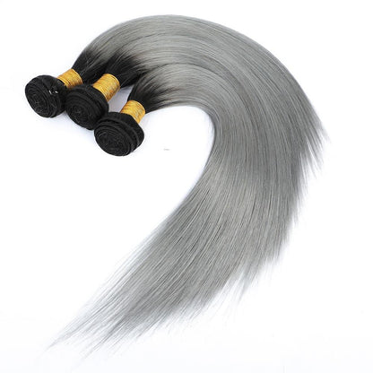 Gray 10A Grade Silver #1B/ Silver Straight 3/4 BUNDLES with CLOSURES &