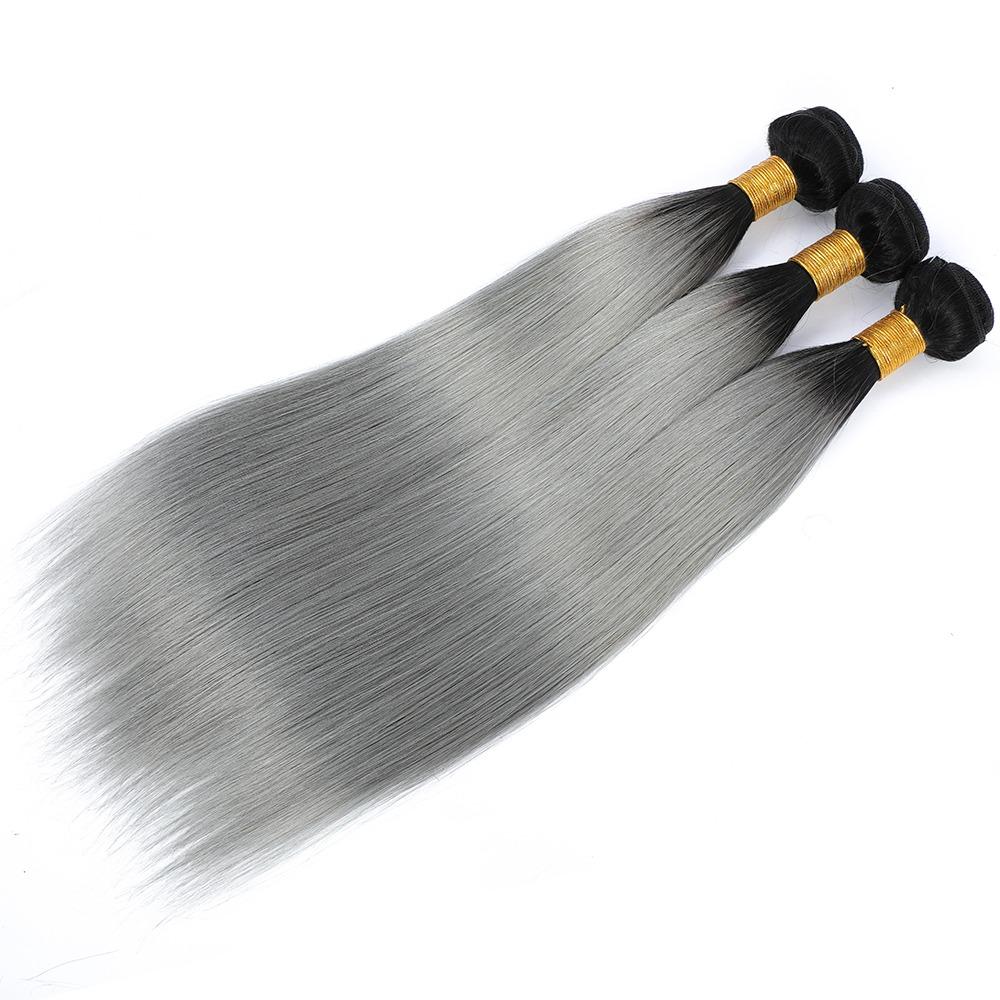 Gray 10A Grade Silver #1B/ Silver Straight 3/4 BUNDLES with CLOSURES &