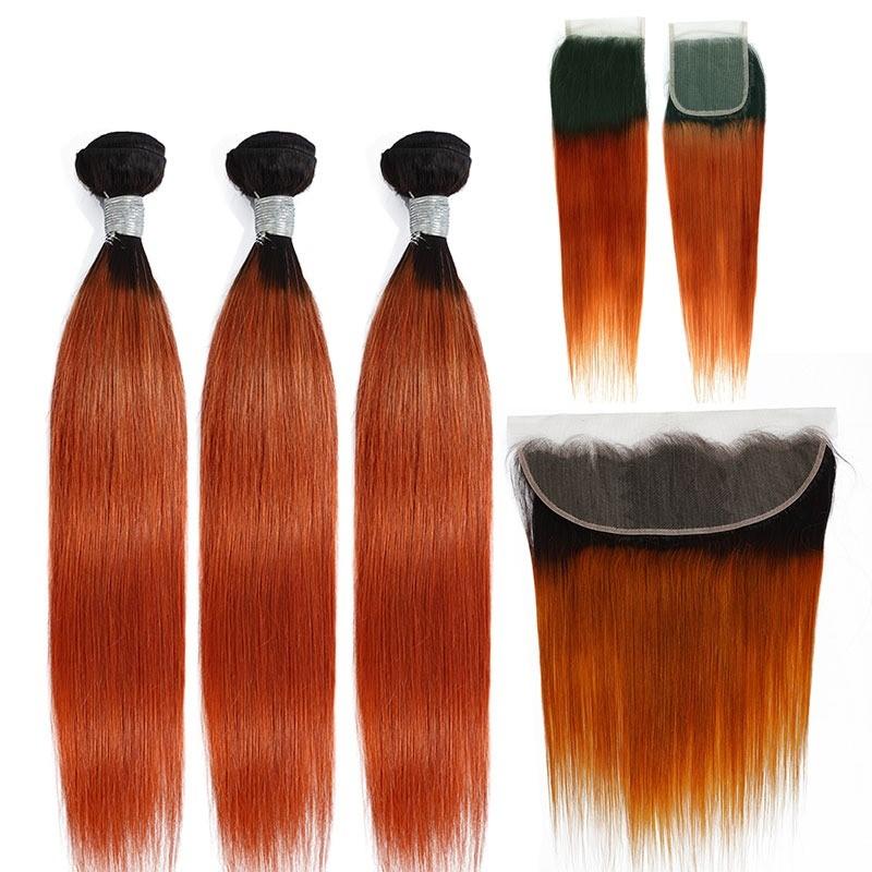 10A Grade Orange #1B/350  Straight 3/4 BUNDLES with CLOSURES & FRONTAL