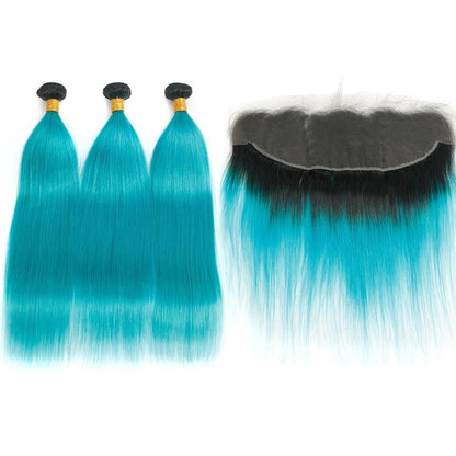 10A Grade Light Blue Straight BUNDLES with CLOSURES & FRONTALS #1B/lig