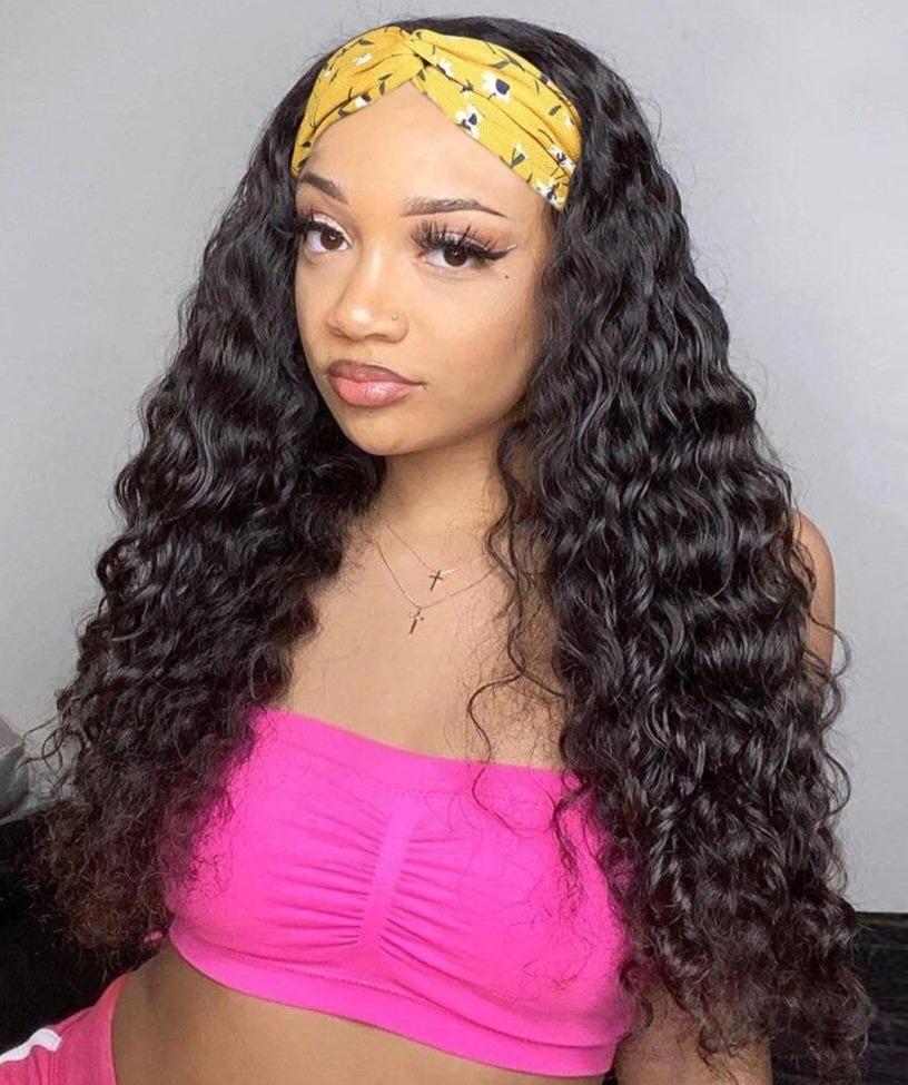 Headband Wig Water Wave Human Hair Scarf Wig No GLUE Easy Wear