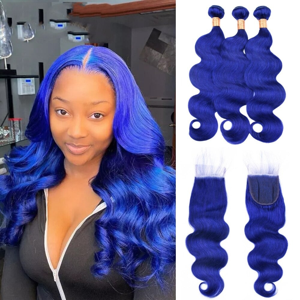 10A Grade Blue Body Wave BUNDLES with CLOSURES & FRONTALS #1B/ blue