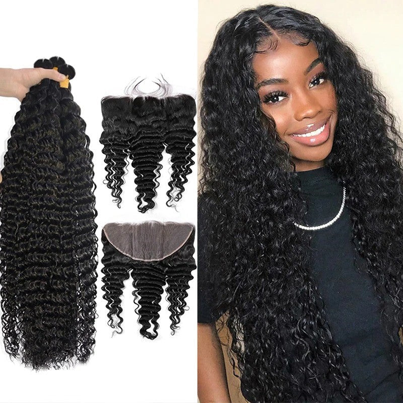 10A Grade 3/4 Deep Wave Human Hair bundles with 4x4 Closures & 13x4 Fr