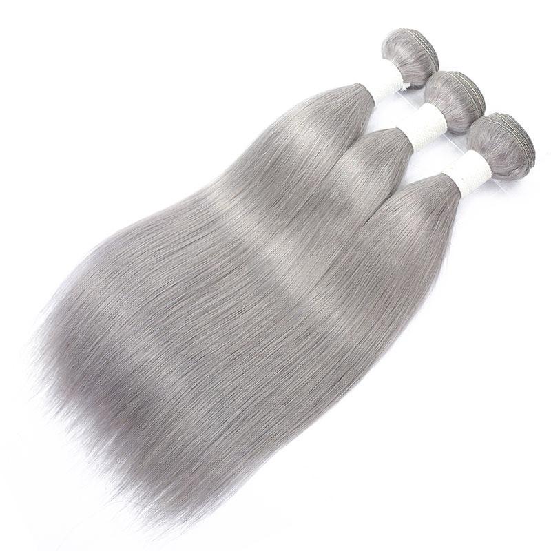 Gray 10A Grade Silver #1B/ Silver Straight 3/4 BUNDLES with CLOSURES &