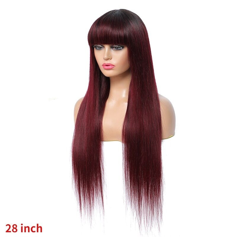 #1B/99J Brazilian Straight Human Hair Wigs with Bangs #99J No Glue Wig