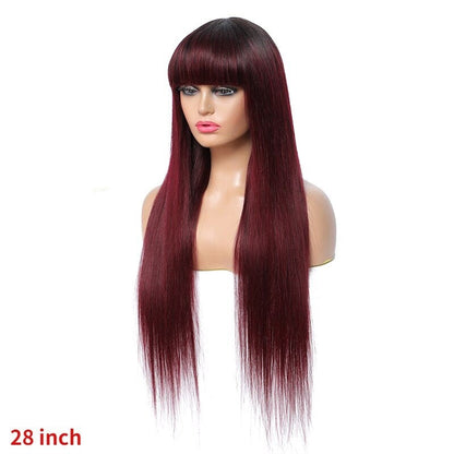 #1B/99J Brazilian Straight Human Hair Wigs with Bangs #99J No Glue Wig